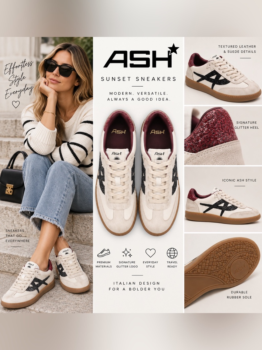 ASH Sunset Glitter Logo Leather Sneakers White Black Burgundy Size 39 US 9 NWOT